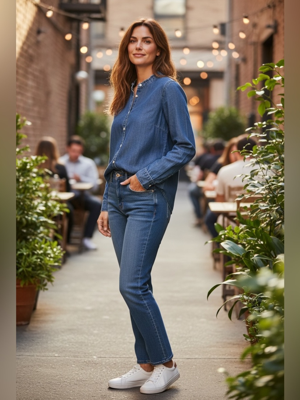 J. Crew Navy Blue Denim Ruffle Neck Button-Down Shirt